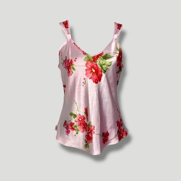 Vintage 90s Y2K pink satin floral cami top LAI Design lingerie tank large - Picture 6 of 8